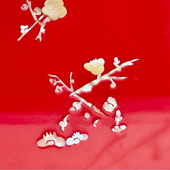 Vintage Lacquered Red Box Mother of Pearl Abalone Inlay Asian Box Stationary Box - Picture 3 of 16